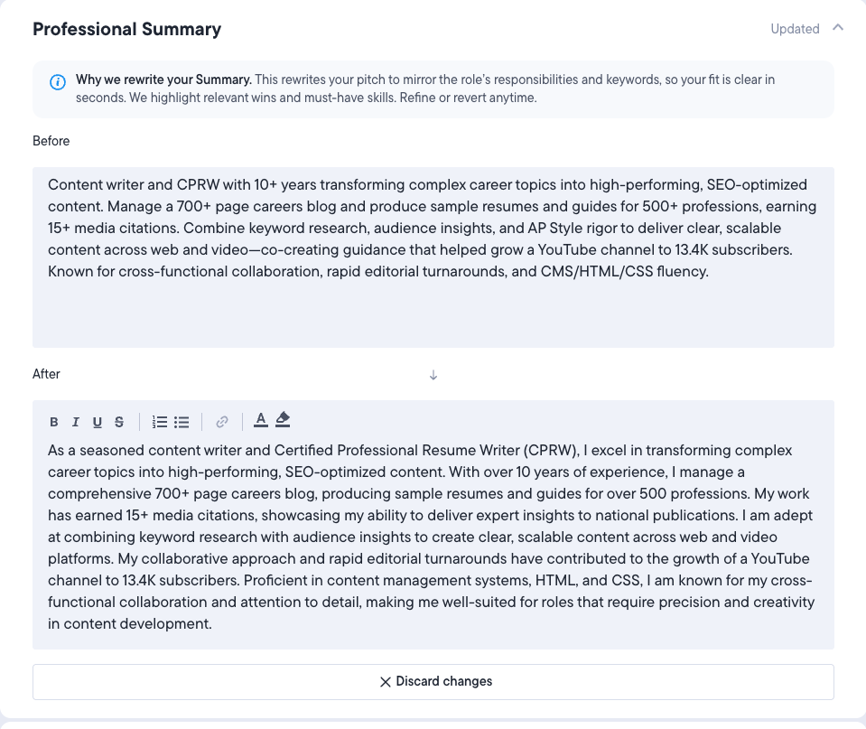 A screenshot of the TopResume resume tailoring tool.