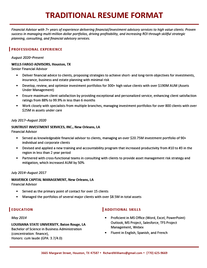 An example of a traditional resume format that features a simple layout and conservative design