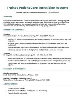 A trainee patient care technician resume example.