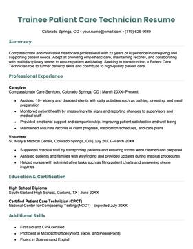 A trainee patient care technician resume example.