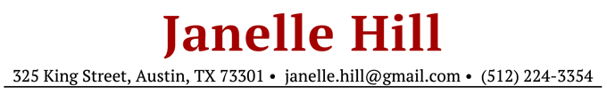 A transcriptionist resume sample header with large, red text for the applicant's name and regular, black text for their address, email, and phone number