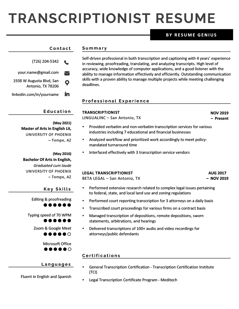 A transcriptionist resume sample with black text and sections for the applicant's contact information, profile, professional experience, education, languages, and certifications