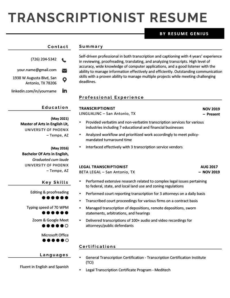 Transcriptionist Resume Sample Template Free Download