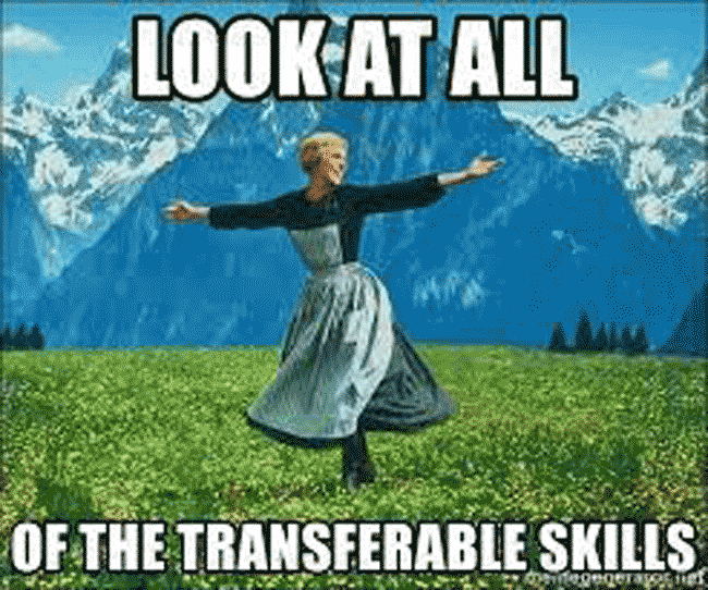 A skills meme featuring an image of Julie Andrews twirling on a hilltop: "look at all of the transferable skills."