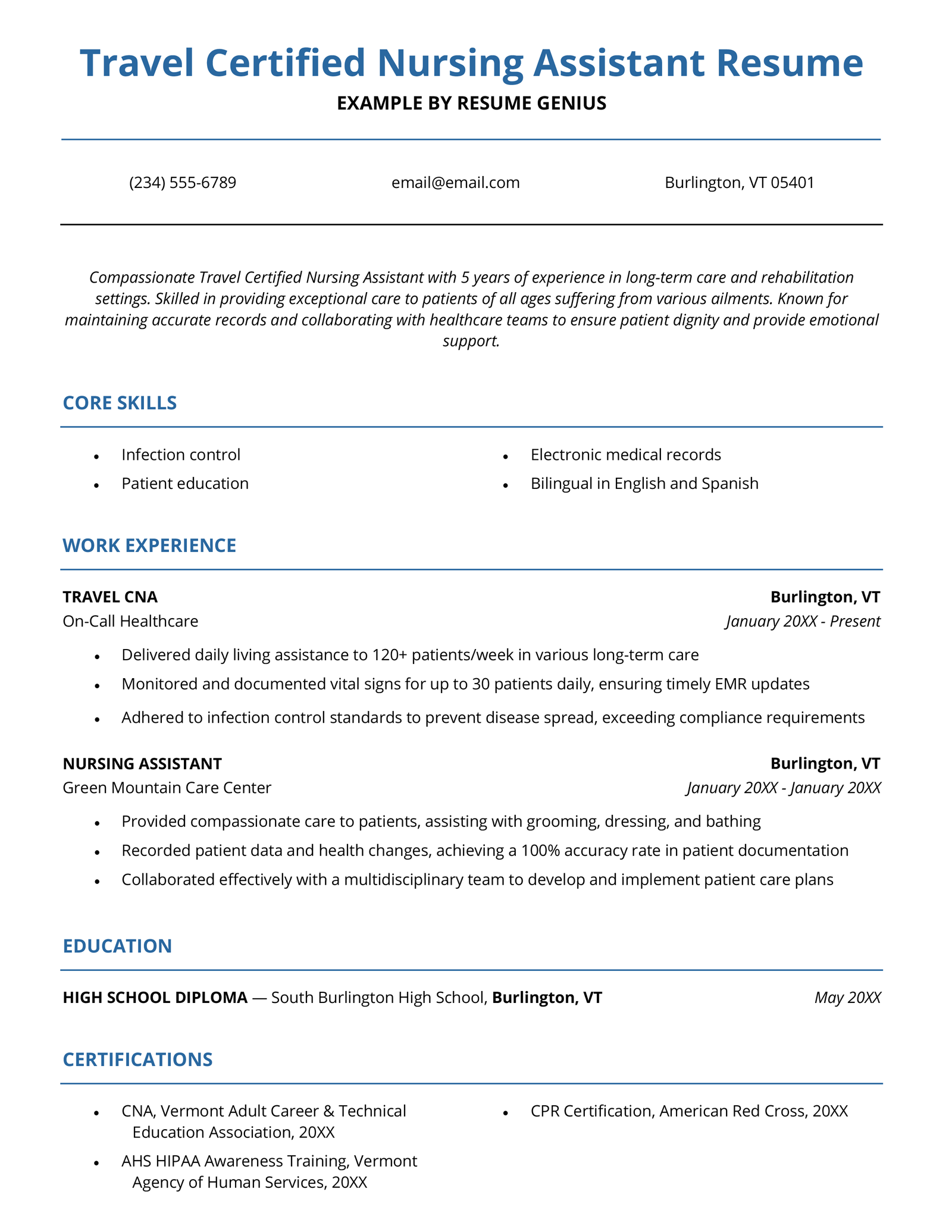 A travel CNA resume example.