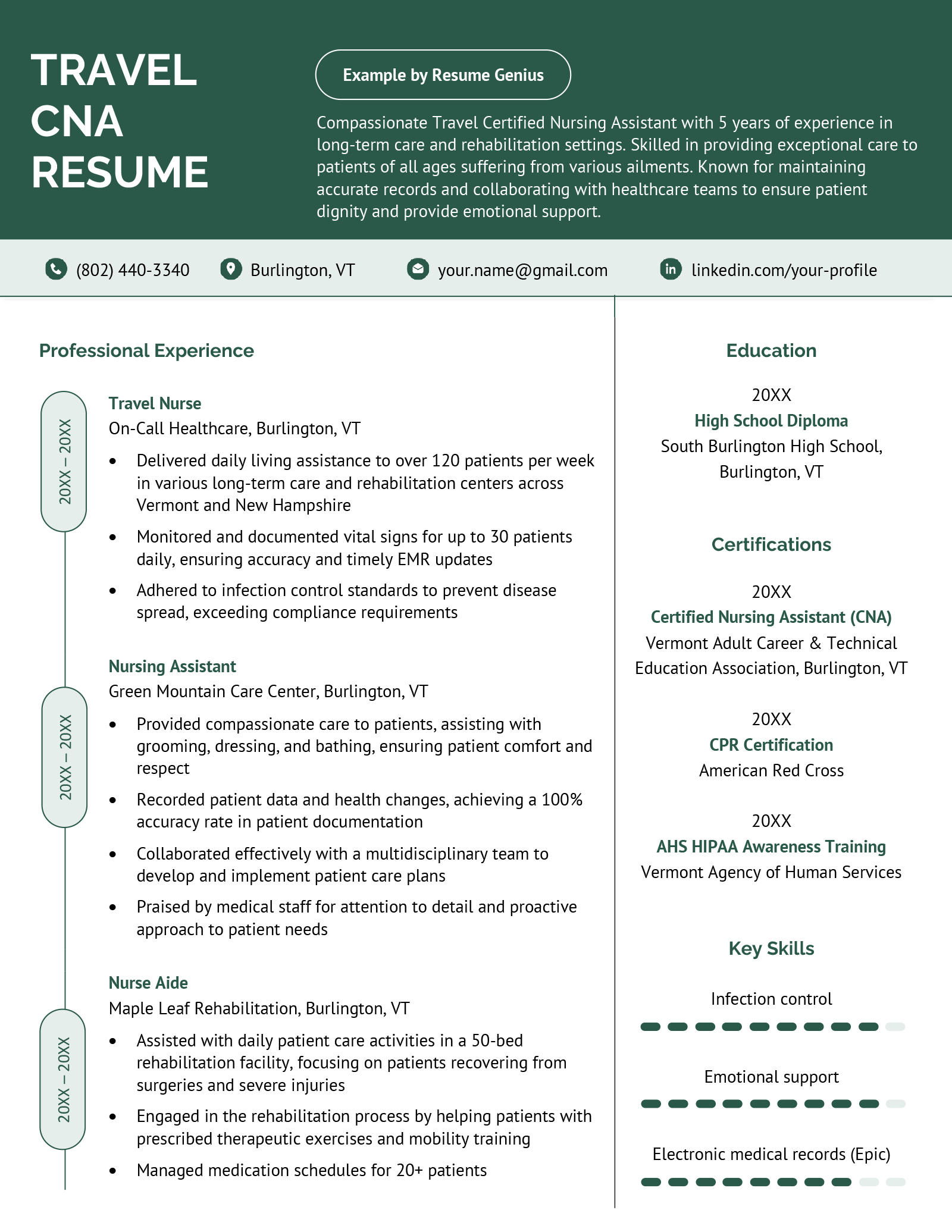 A travel CNA resume example with a green header and a timeline-style work experience section