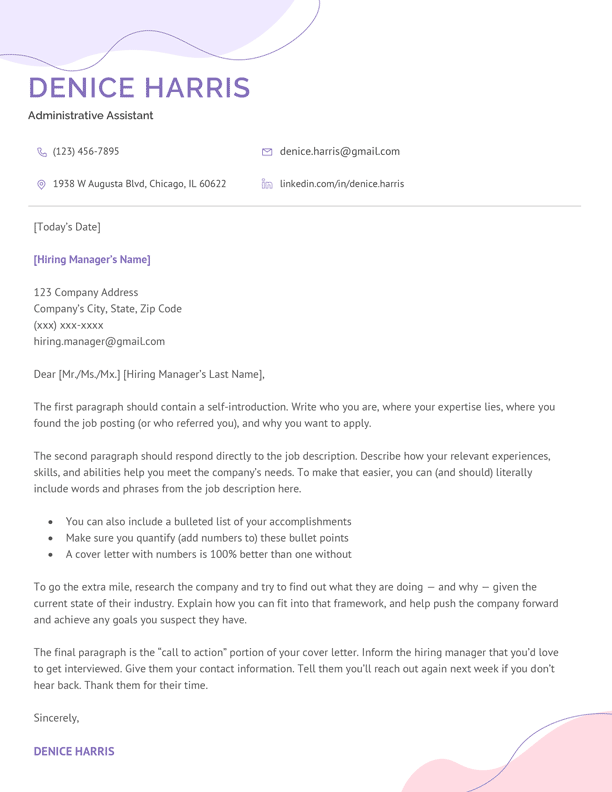 An example of a colorful, modern cover letter template