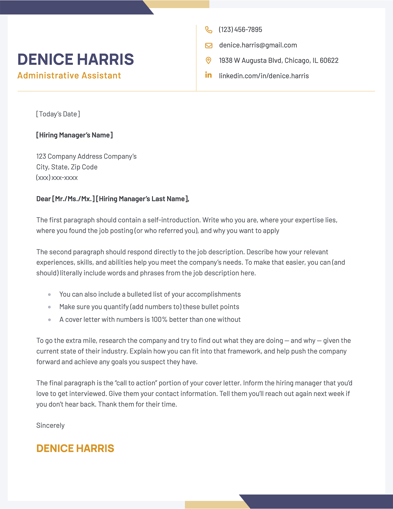The Two-Column cover letter in yellow