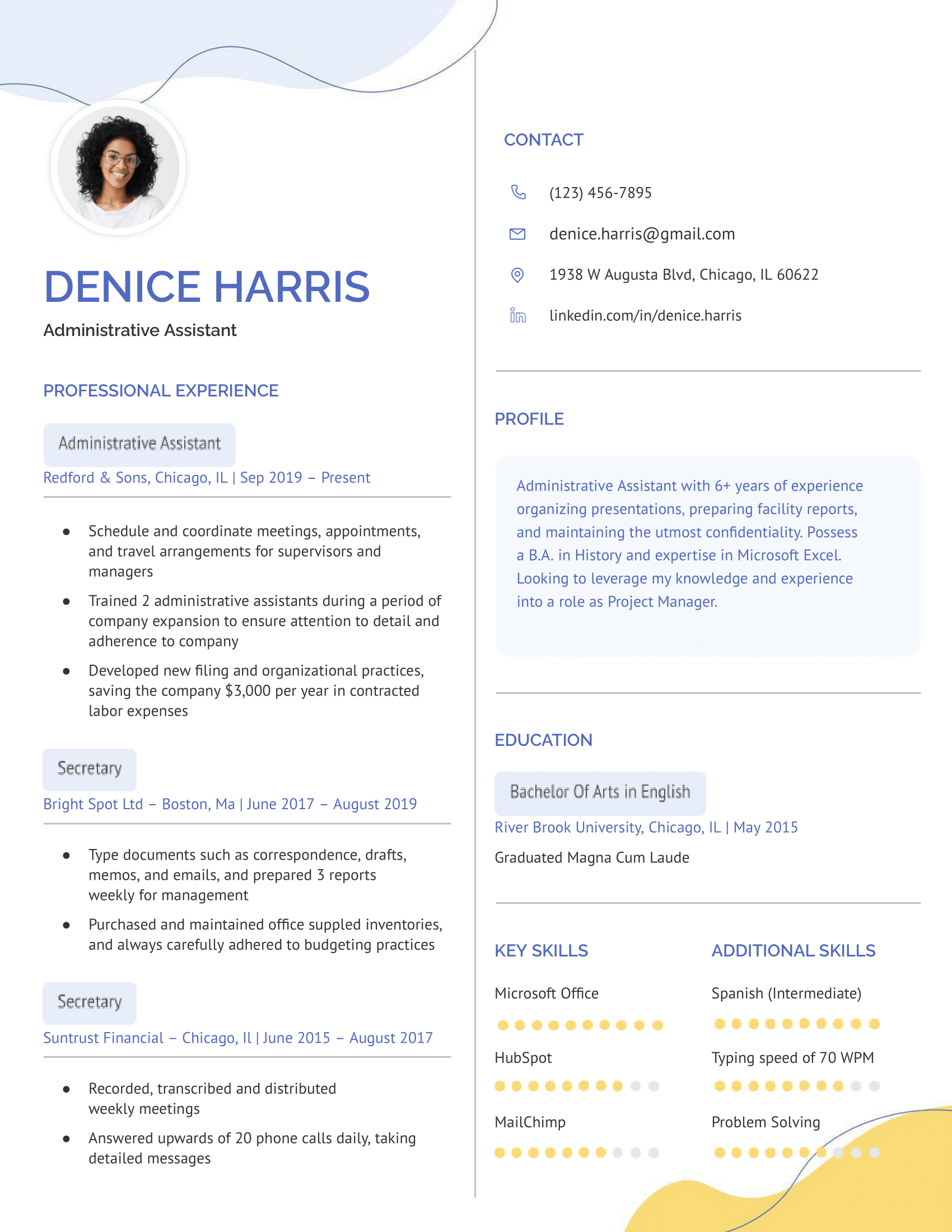 Creative Google Docs resume template in blue and yellow with a fresh, modern design.