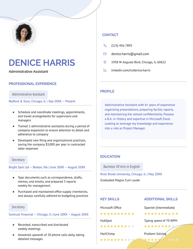 Creative Google Docs resume template in blue and yellow with a fresh, modern design.