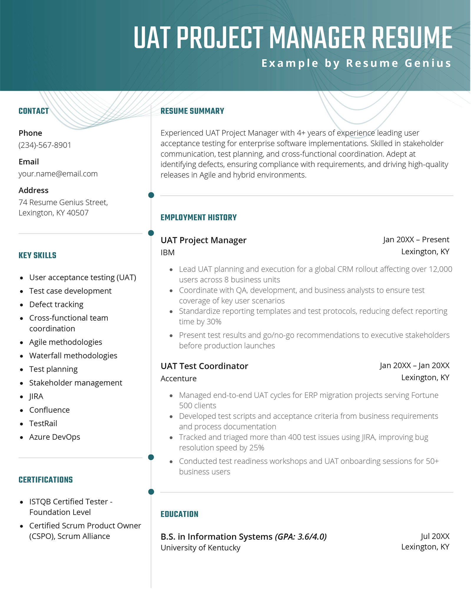 A UAT project manager resume example.