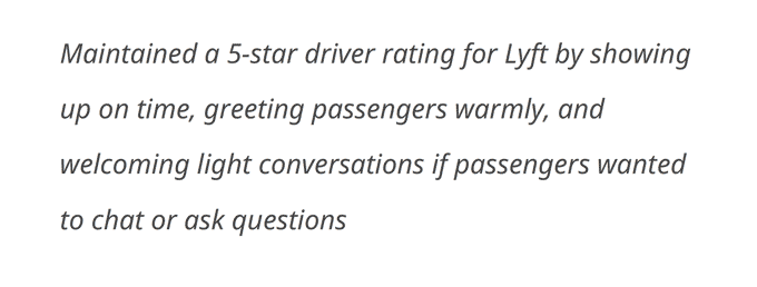 An example of an Uber driver's resume work bullet point showcasing their interpersonal skills