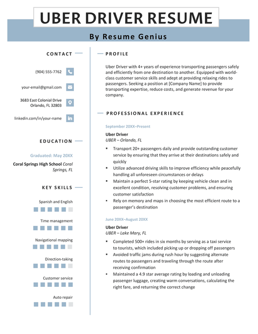 An Uber driver resume sample with a blue and white template showing blue icons for the contact information section and a skills bar on the left side of the resume