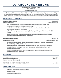 An ultrasound resume example on a template with a blue header to accentuate the applicant's name and contact information, followed by blue text headers to introduce the candidate's work experience, education, and skills section