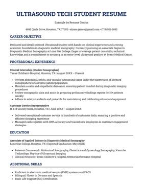 A resume example for an ultrasound tech student.