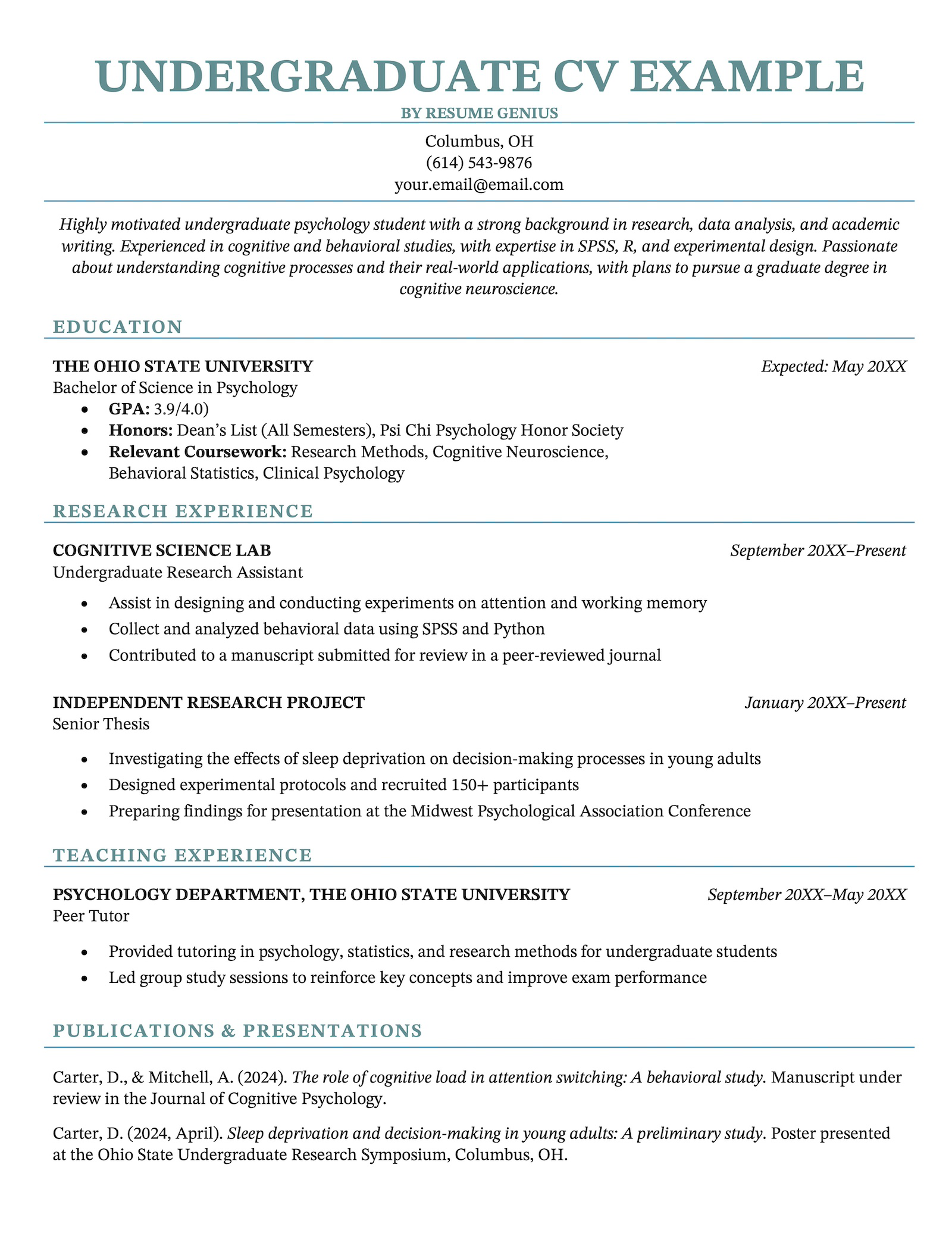 A CV example for an undergraduate student.