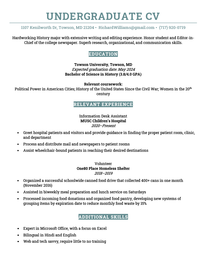 Undergrad CV example An undergraduate CV example with a formal layout and blue header