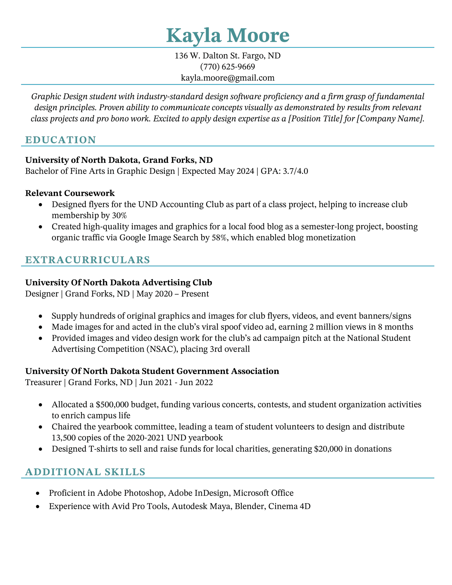 Example of an undergraduate resume using a simple resume template in teal.