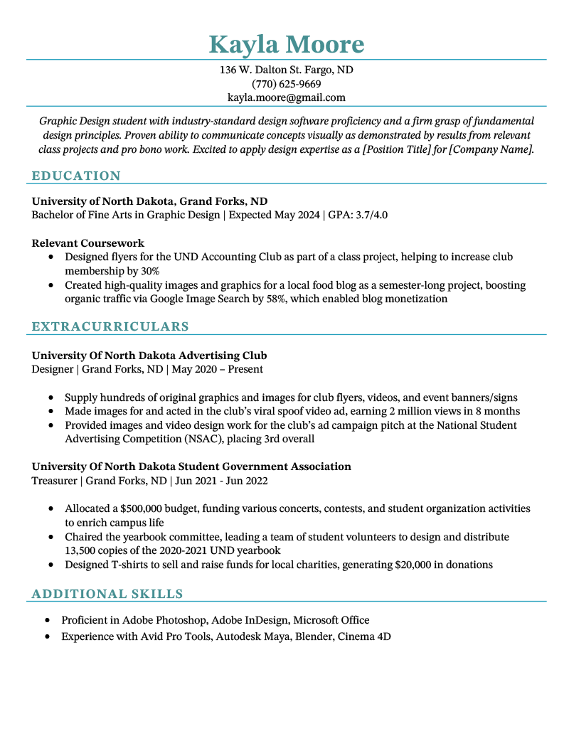 A good example of an undergraduate student's resume with no experience on a simple template with turquoise headers and a white background