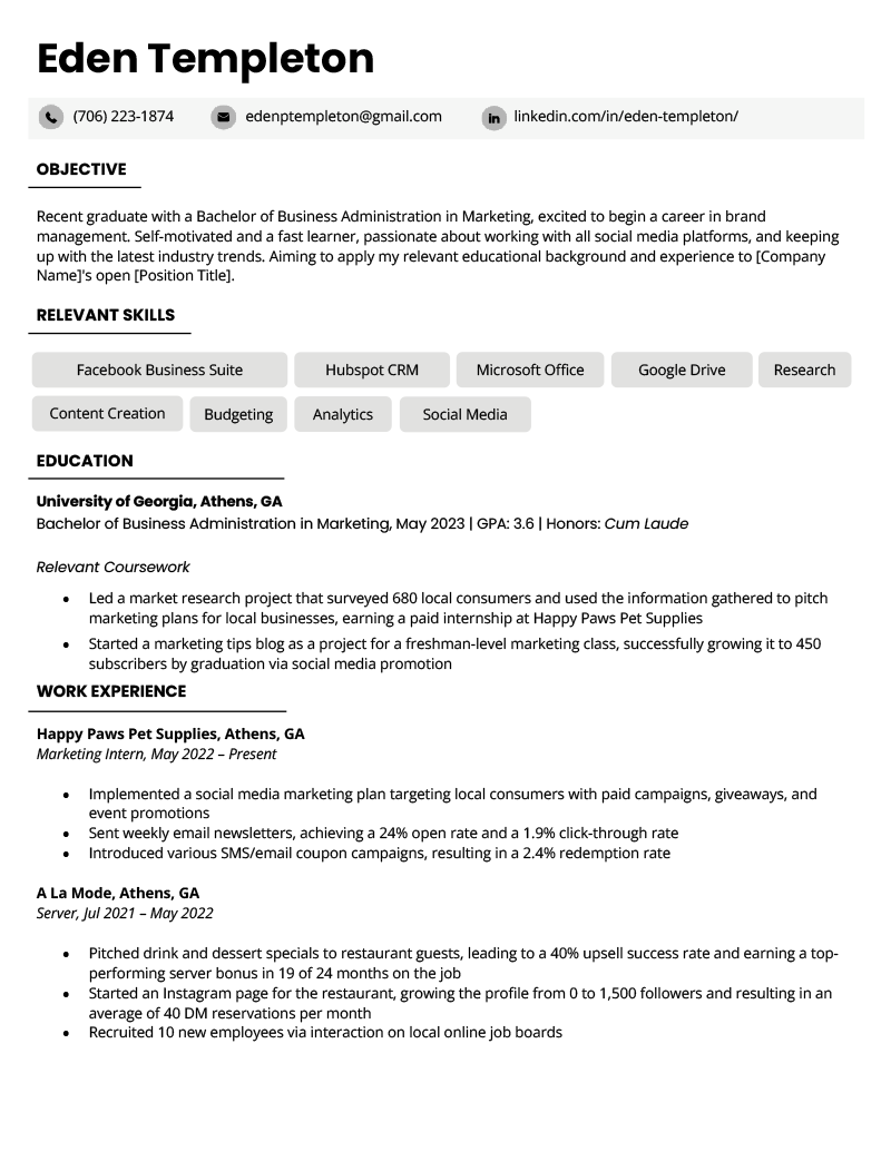 A good example of an undergraduate student's resume with work experience on a simple black and white template with gray icons