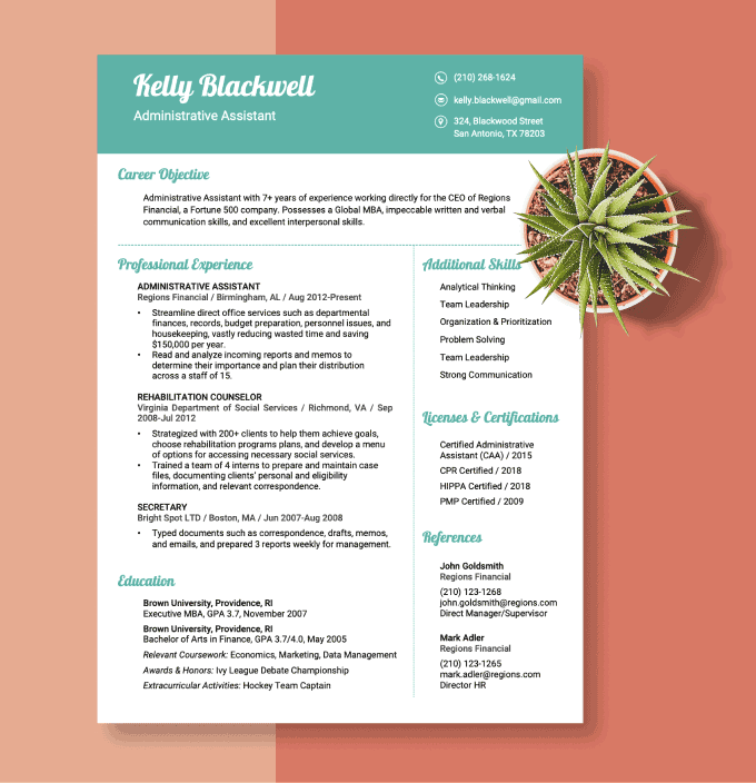 Resume design from Resume Companion with aquamarine color features and a unique font used for the name and section headings.
