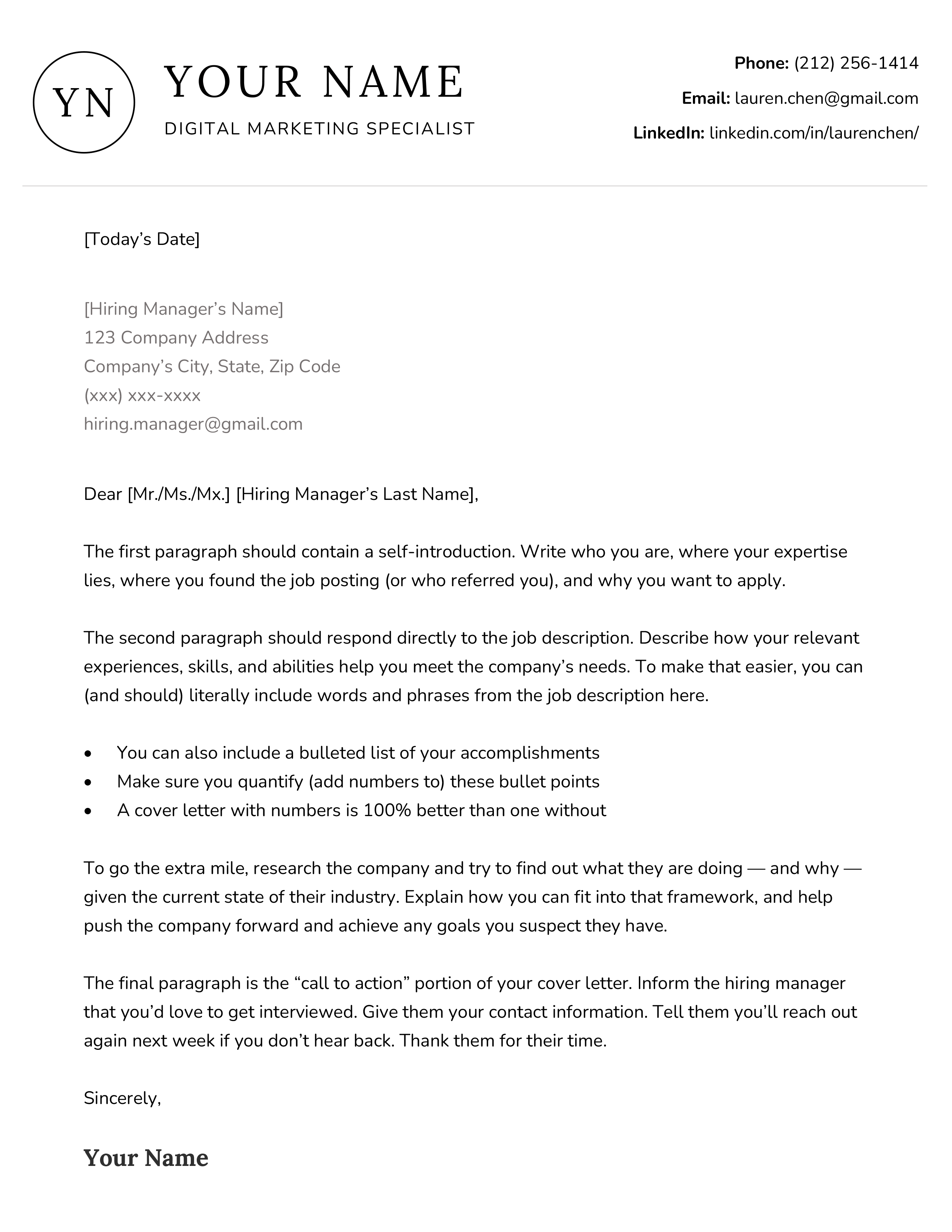 The Unique cover letter template, a custom-made cover letter design compatible with Google Docs.