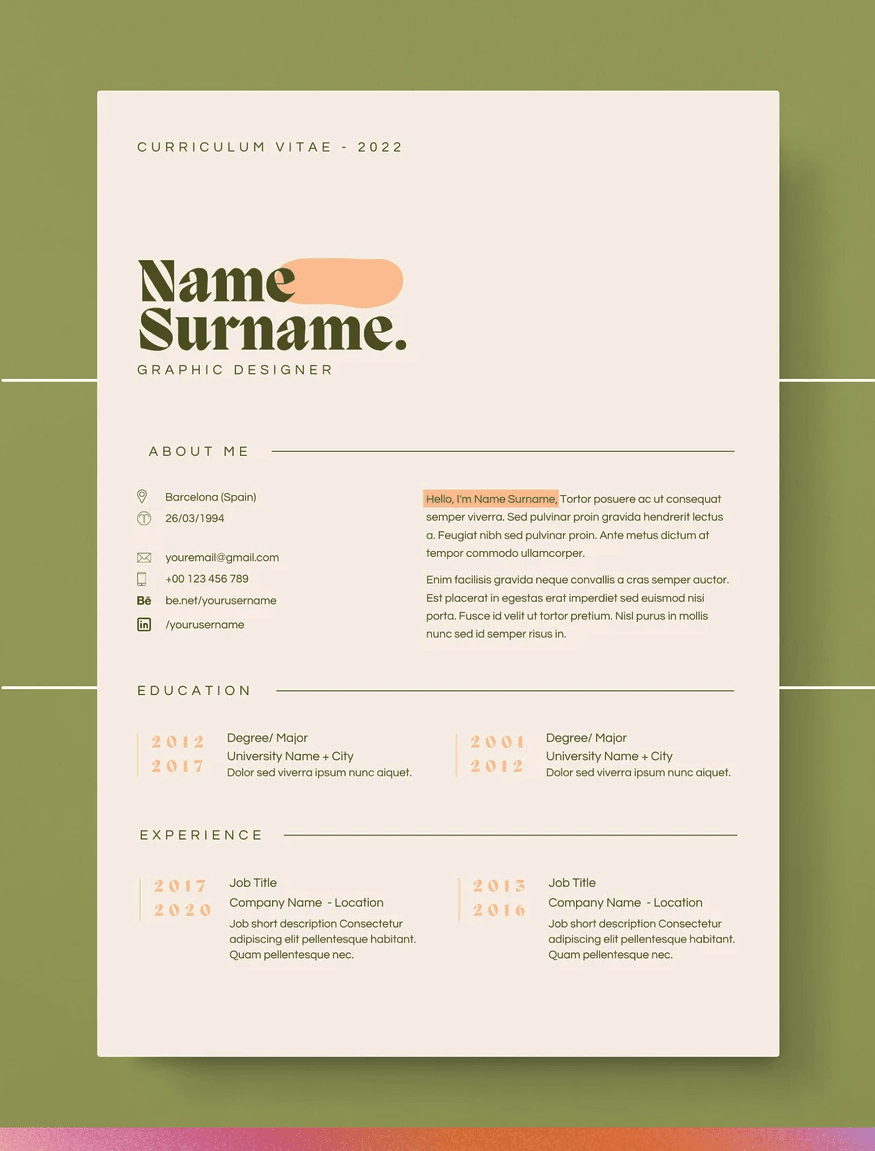 A visual resume example with a unique, magazine-style layout.