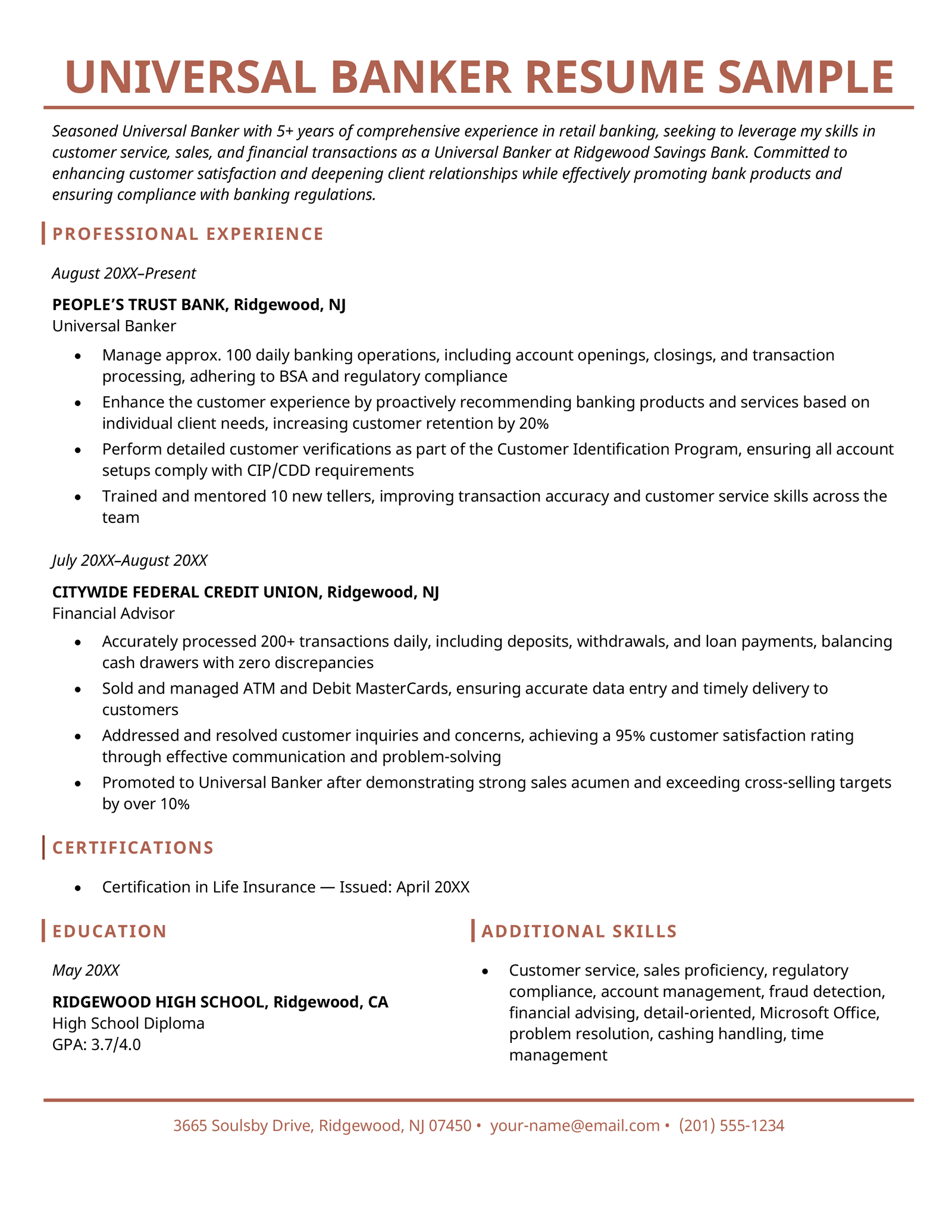 A universal banker resume sample using a maroon color scheme and varying between a one-column and two-column layout.