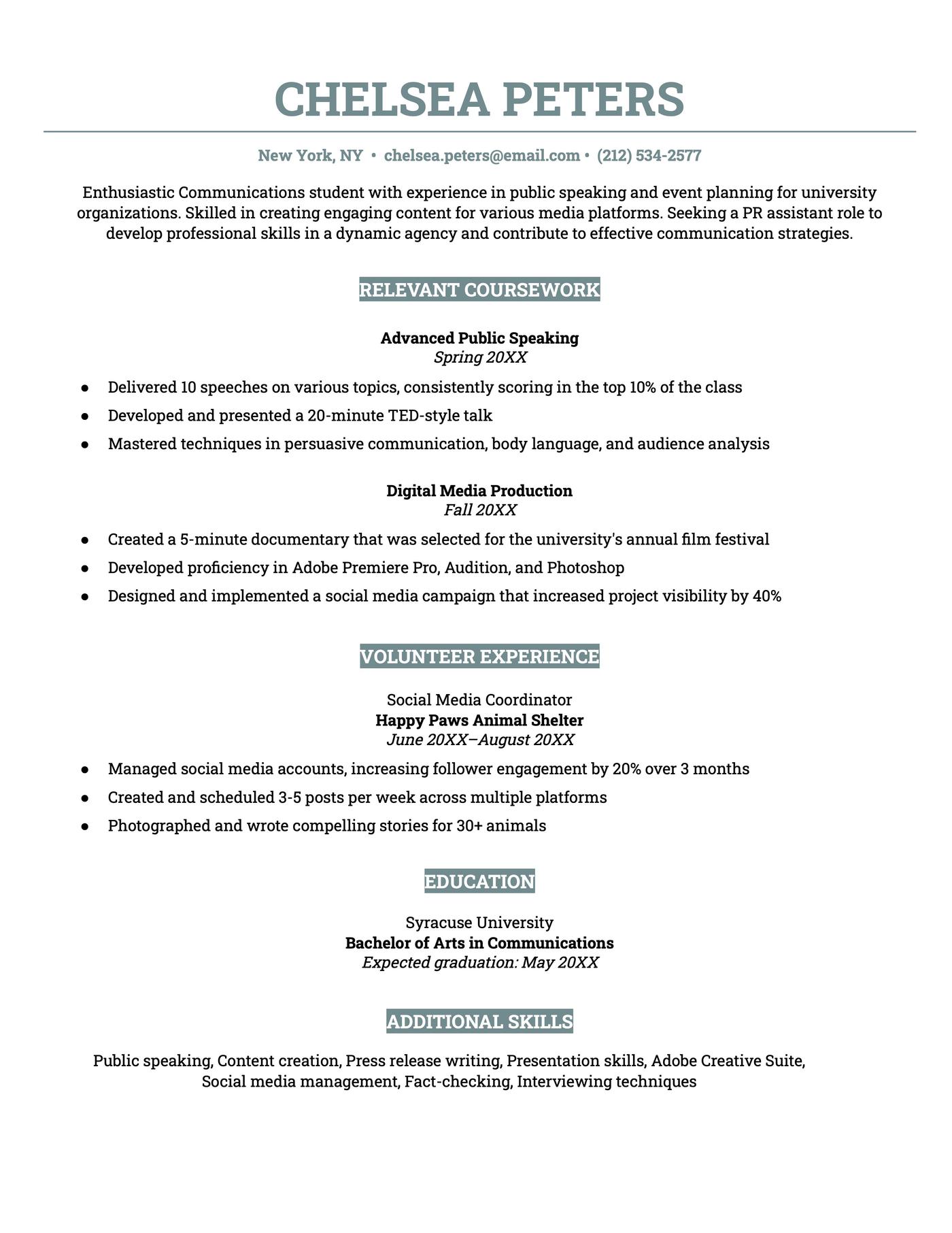 An example resume for a university student applying for their first job. 