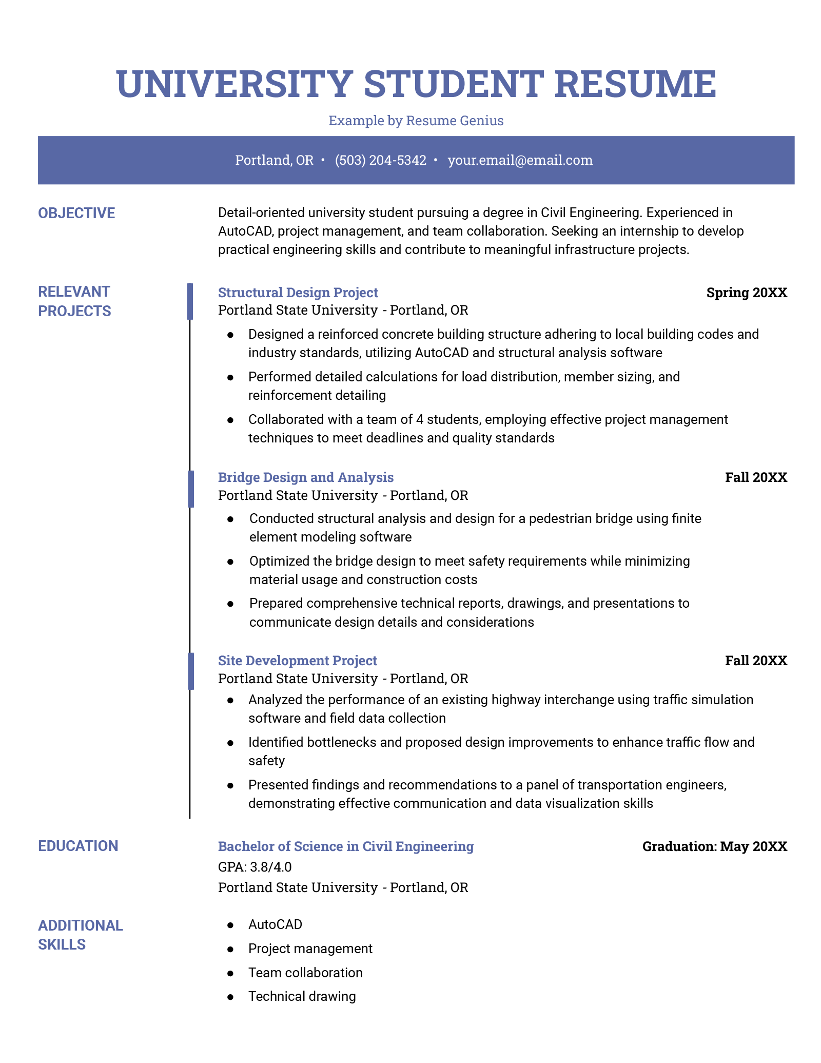 An example resume for a university student.