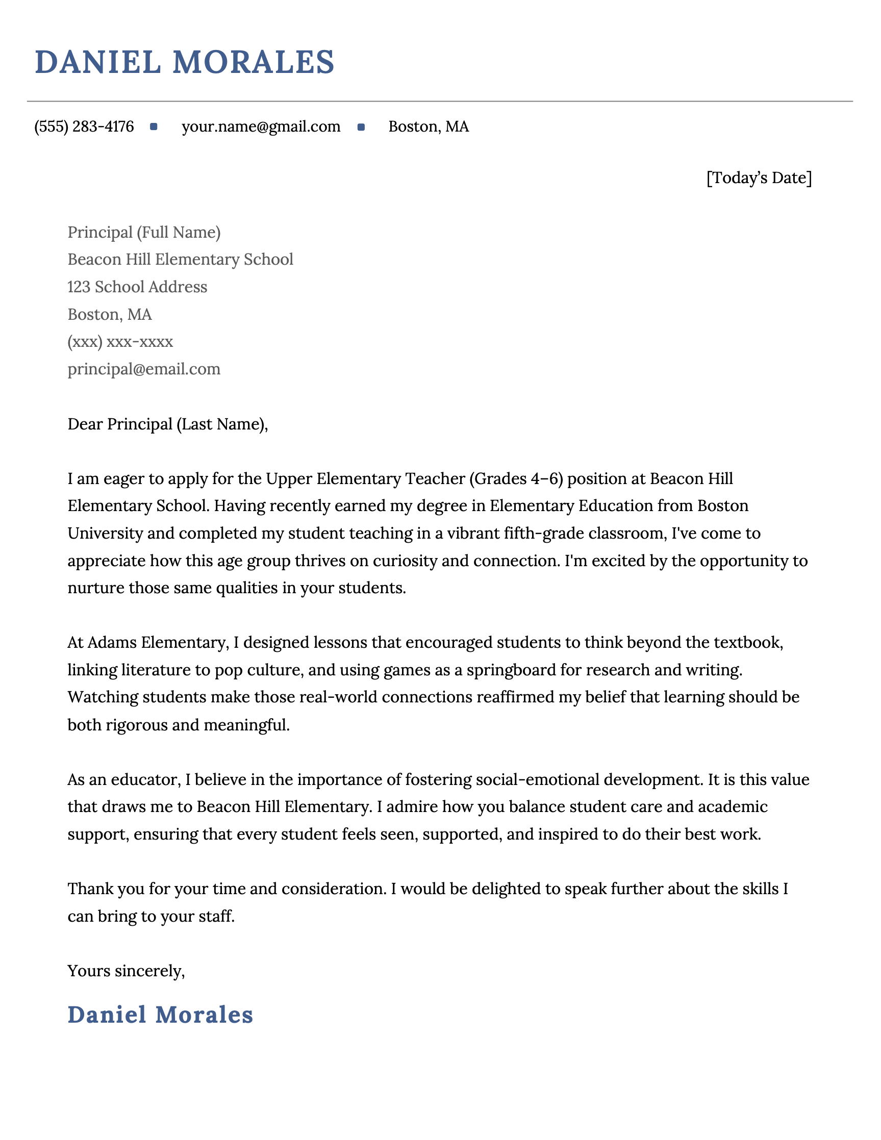 An elementary teacher cover letter for an upper elementary teacher job.