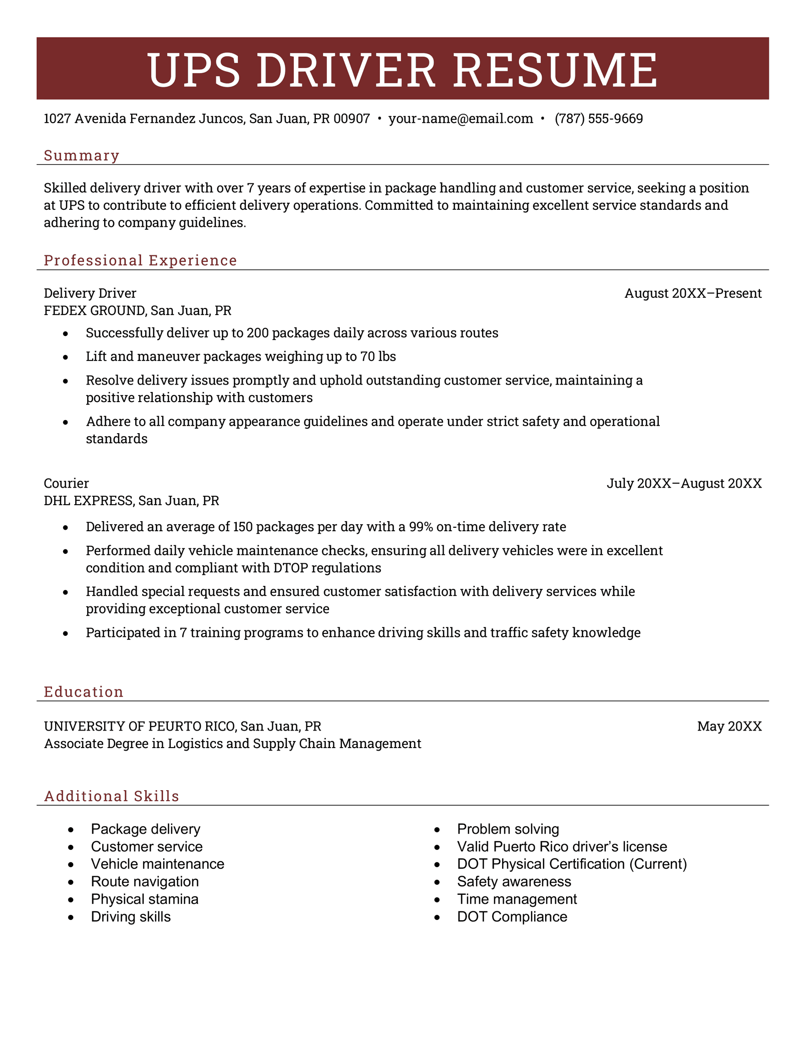 A UPS resume example that features a dark red or brown color scheme and has a long list of additional skills.
