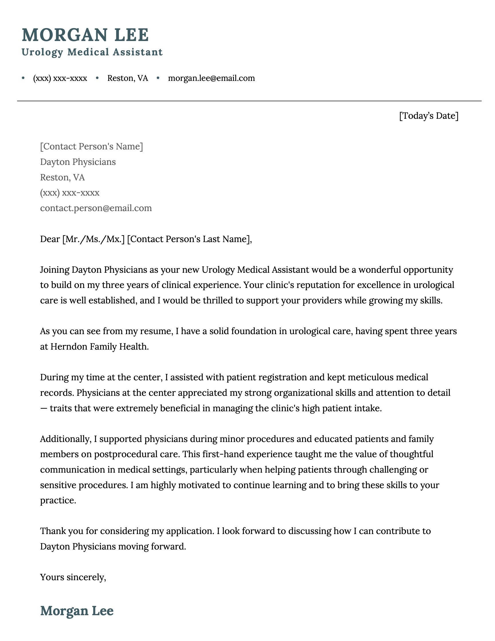 An example medical assistant cover letter for a urology position.