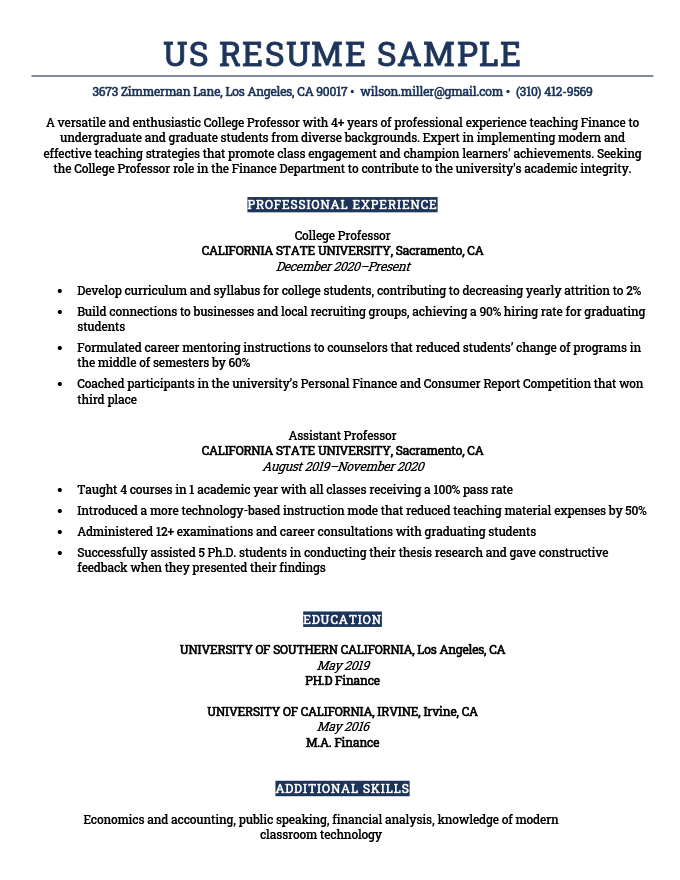 An US resume example written by a college professor with over four years of experience.