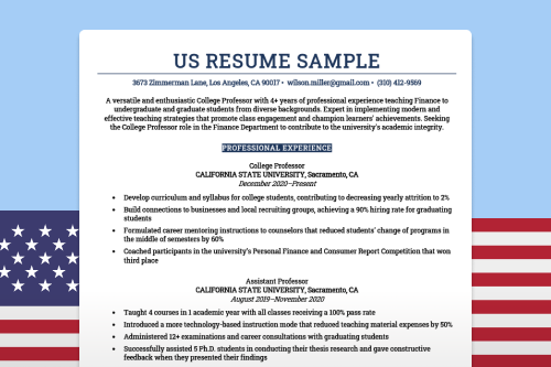 A graphic showing a US resume sample placed in front of an American flag