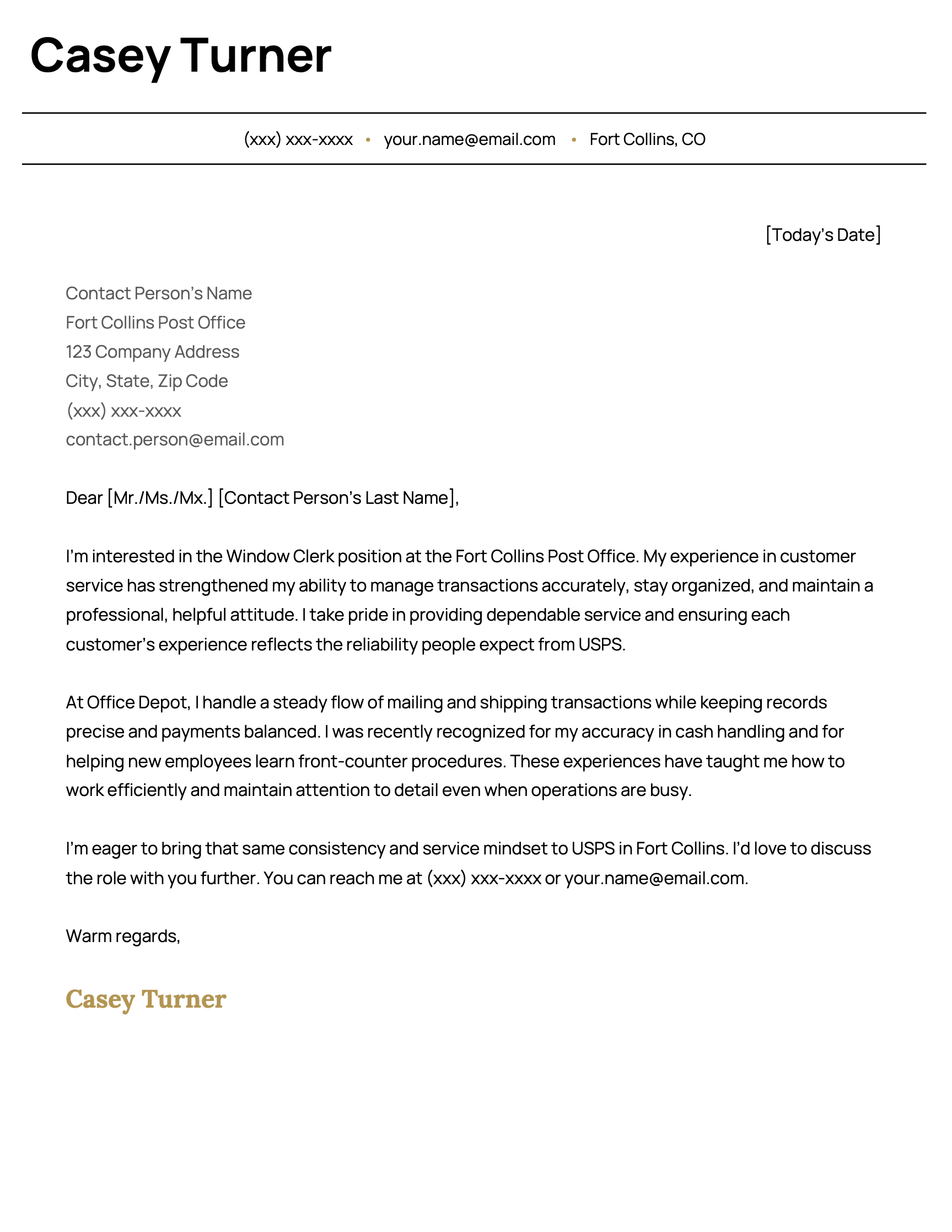 An example customer service cover letter for a Window Clerk job at USPS.