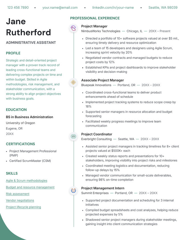 The Venture resume template in green.