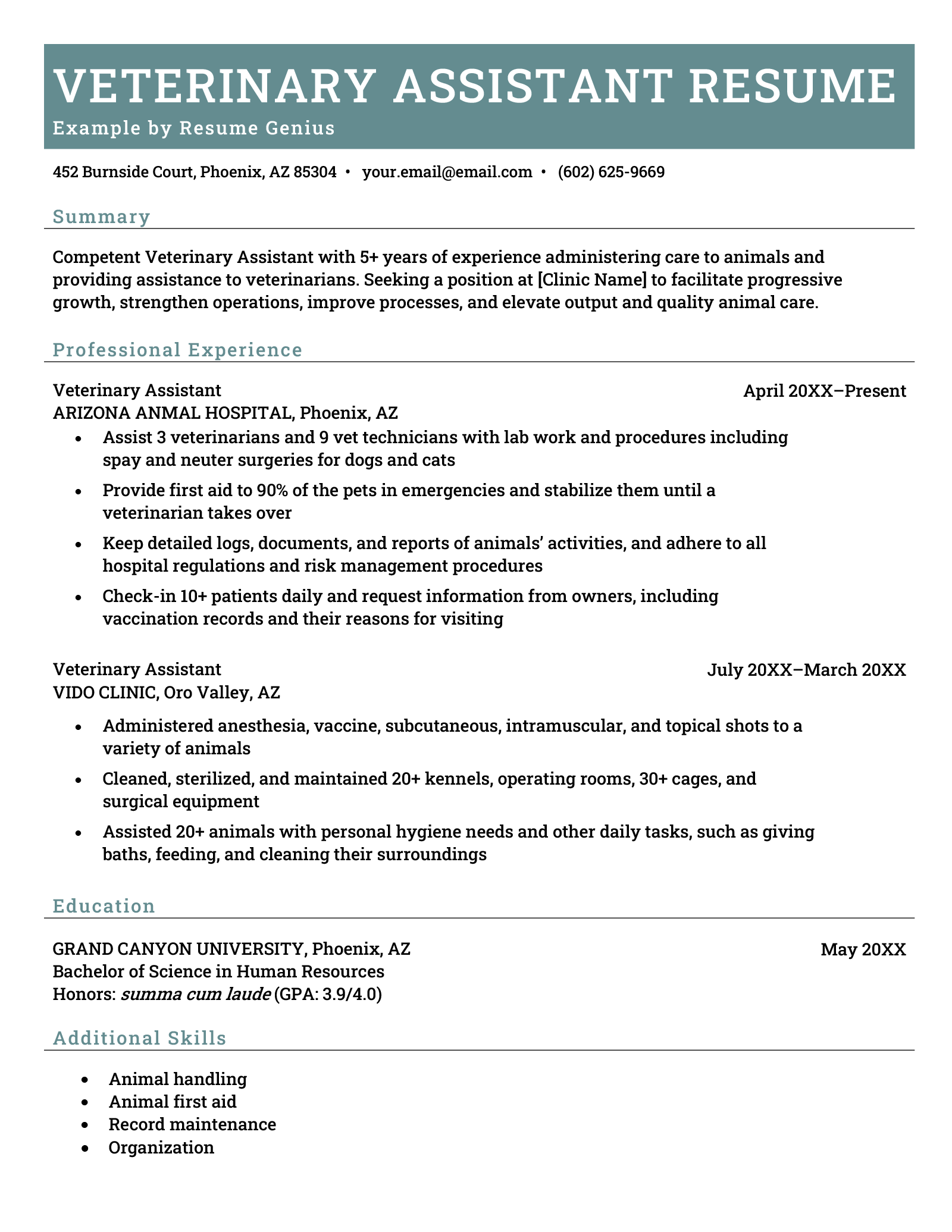 An example resume for a veterinary assistant.