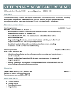 A veterinary assistant resume on a template that is separated into four sections including a resume objective at the top, followed by the applicant’s professional work experience, education, and additional skills