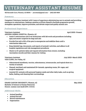 A veterinary assistant resume on a template that is separated into four sections including a resume objective at the top, followed by the applicant’s professional work experience, education, and additional skills
