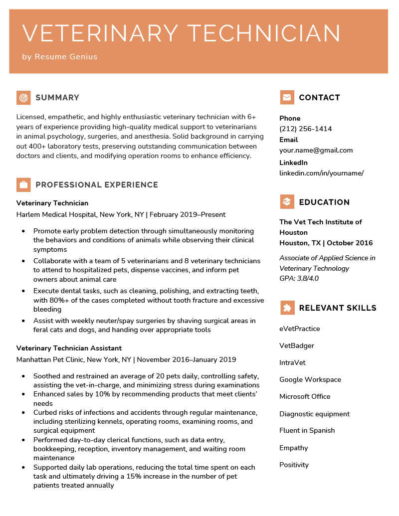 A veterinary technician resume sample with an orange header and orange resume icons for the summary, professional experience, contact, education, and relevant skills sections