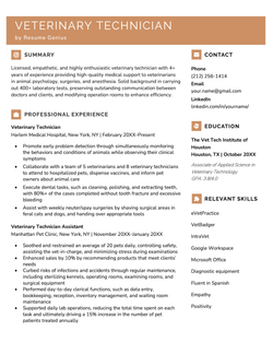A veterinary technician resume sample with an orange header and orange resume icons for the summary, professional experience, contact, education, and relevant skills sections