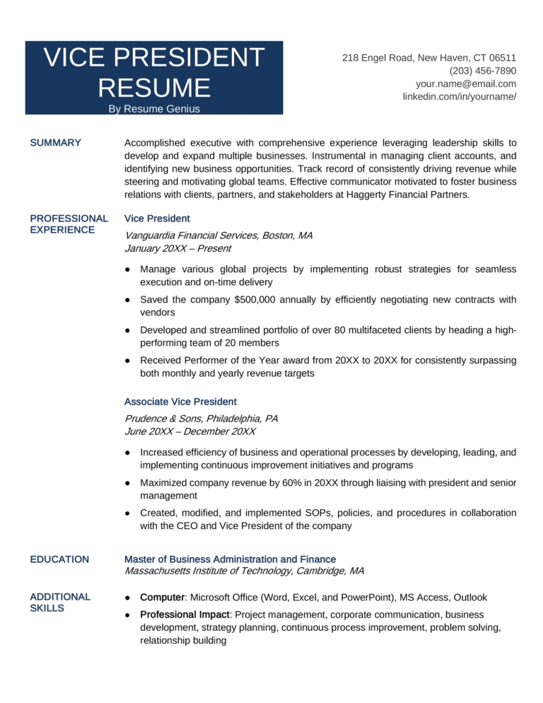 resume examples for vice president