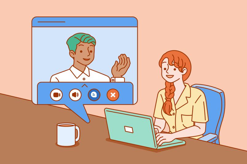 A graphic showing a woman in front of a laptop talking to a man on a video call.