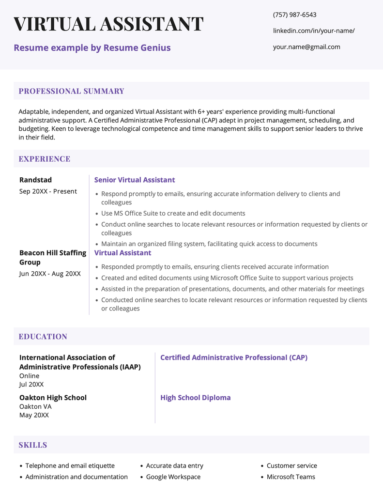 An example of a virtual assistant resume.