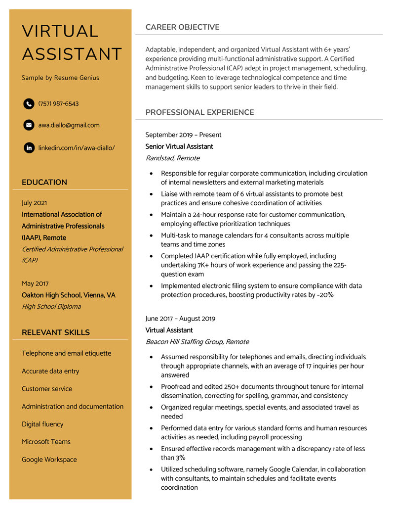 A two-column virtual assistant resume with a left column in orange that lists the applicant's contact information, education, and skills and a right column with the applicant's resume summary and work experience