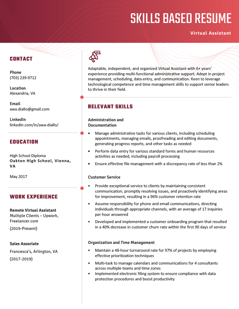An example of a skills based resume for a virtual assistant featuring a dark read header bar and subtle red icons and color accents