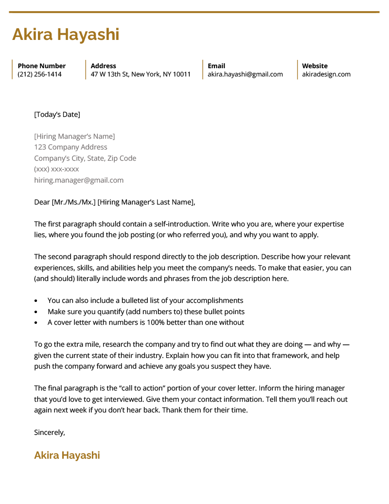 An example of the visual cover letter template for word