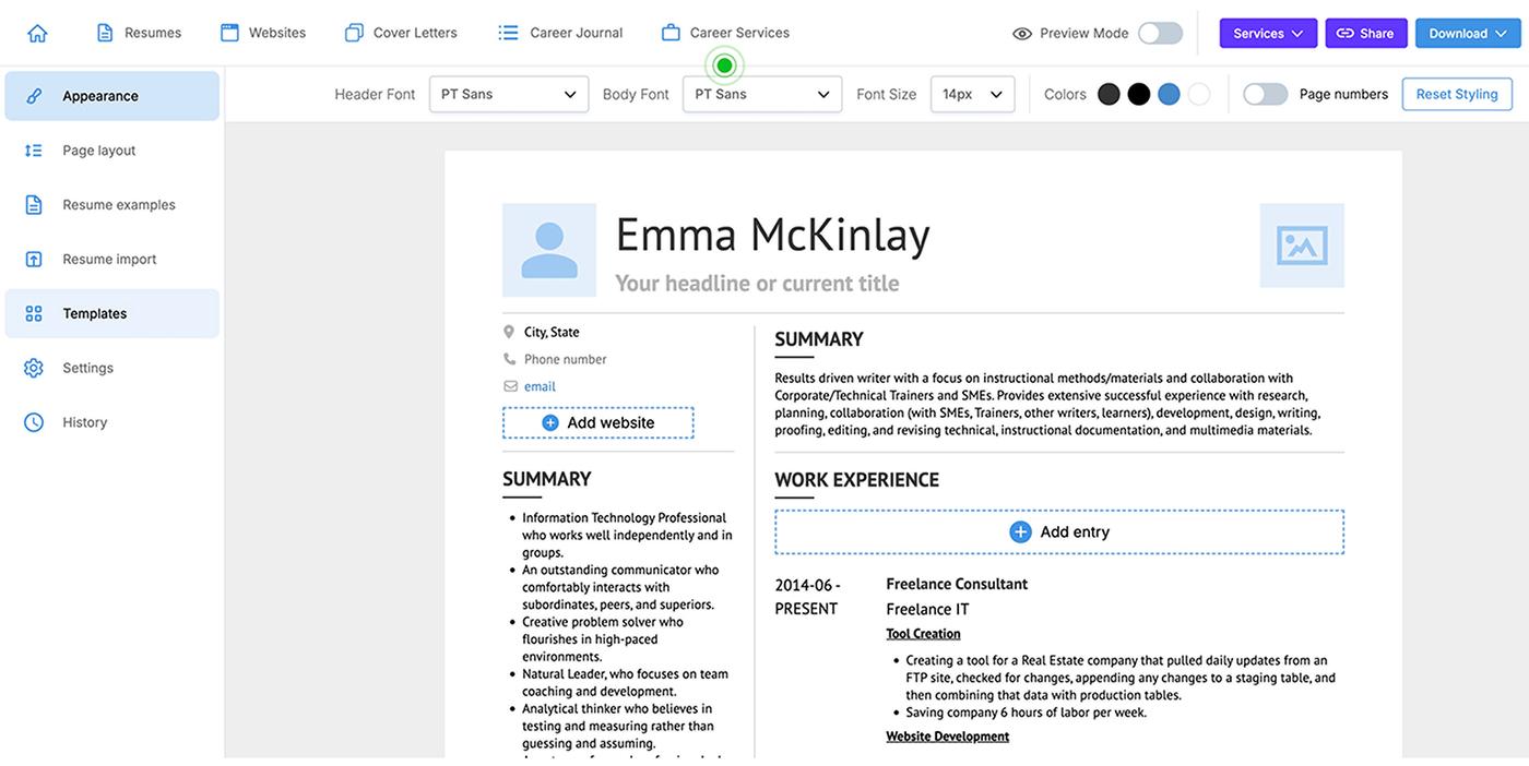A resume being edited in the VisualCV resume builder.