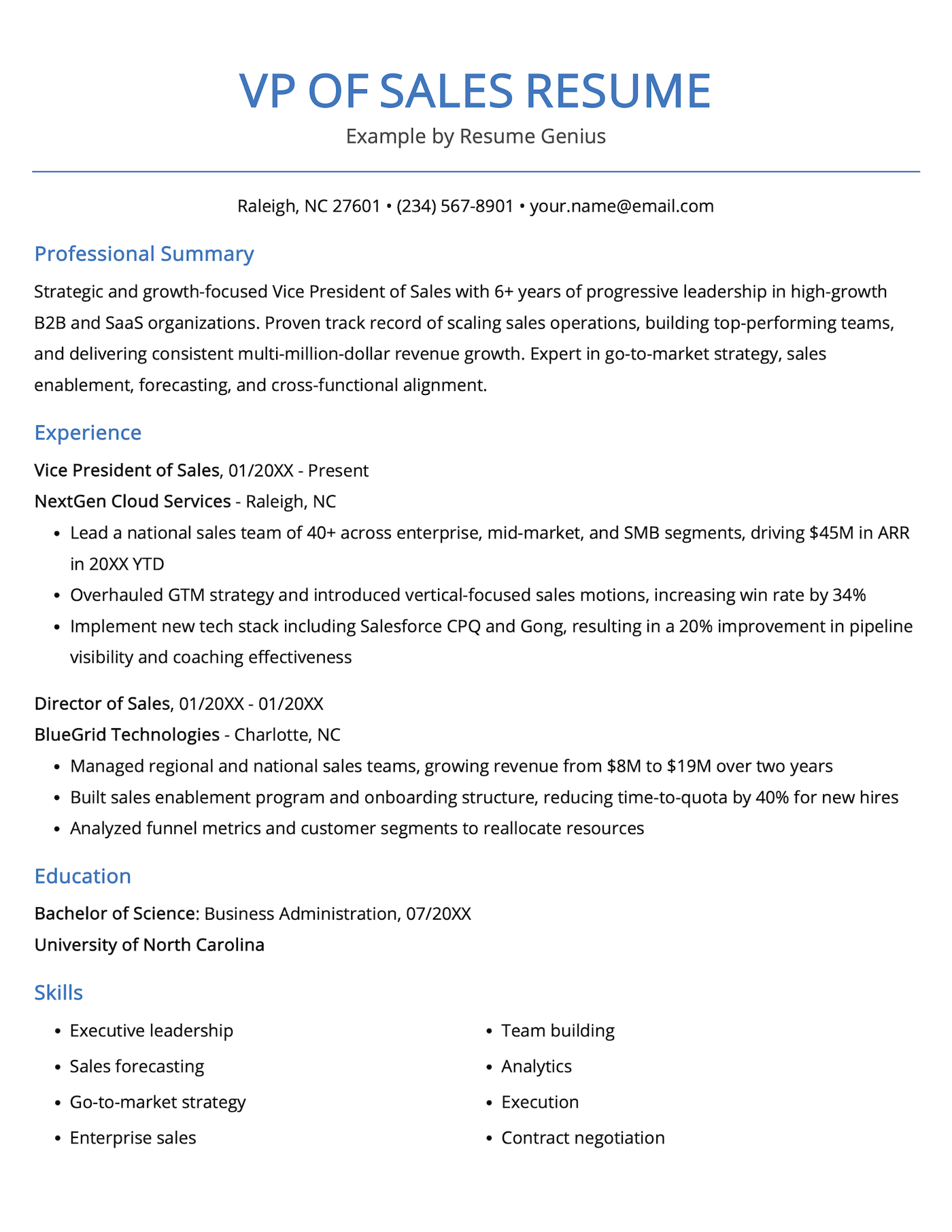 A VP of Sales resume example.
